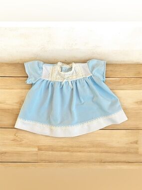 Vintage Handmade Blue Baby Dress with Lace Trim Bow Button Retro Sz 0-6 Months